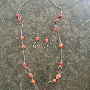 Elegant Silver and Orange Beaded Necklace and Earring Set
